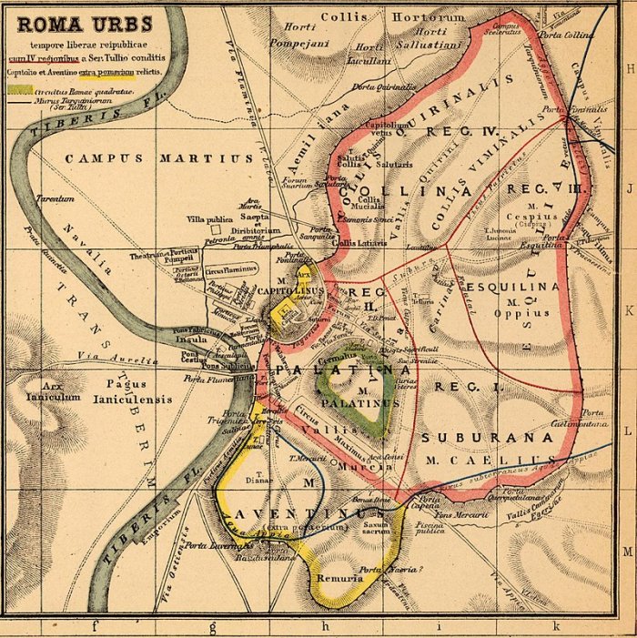 Карта Рима времен Августа. Померий в это время отмечен розовым цветом; Капитолийские и авентинские - экстра-померий, "за стеной", с желтыми границами