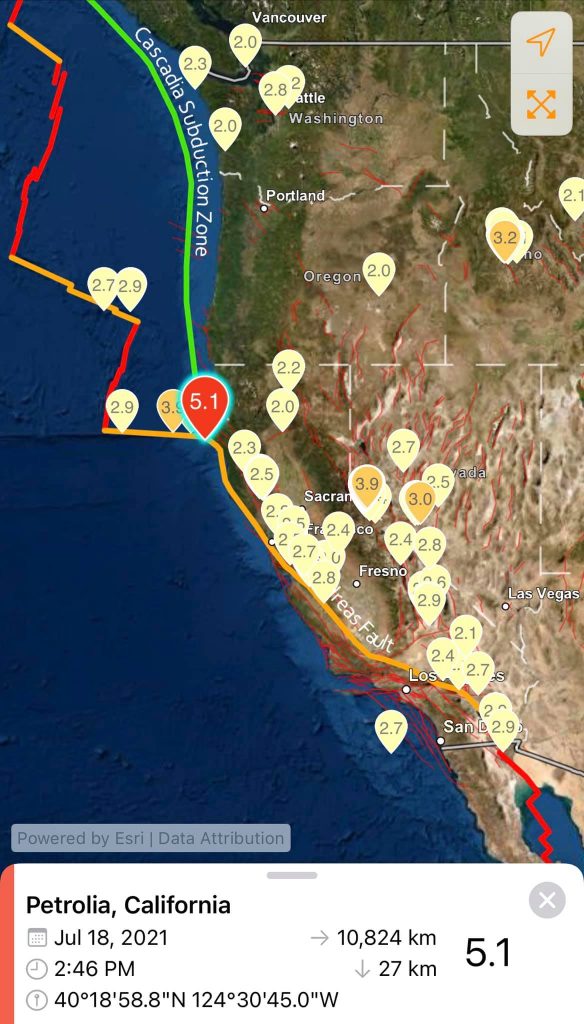 Землетрясение магнитудой M5.1 произойдет у побережья Калифорнии 17 июля 2021 года