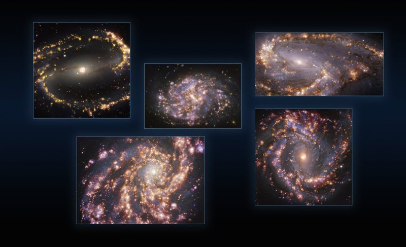 Пять галактик, видимых с помощью MUSE на телескопе ESO VLT на нескольких длинах волн света