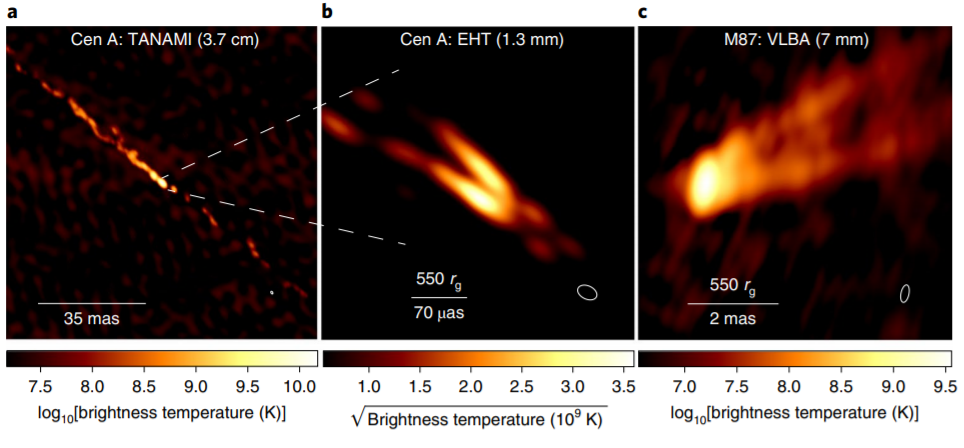 Изображения центаврианского джета A (а, б) и джета галактики M87 (в). Предоставлено: Майкл Янссен и др. / Природа Астрономия, 2021 г.
