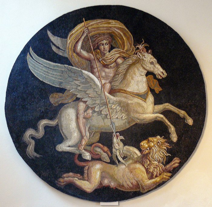 Беллерофонт сел на Пегаса и убил Химеру. Центральный медальон восстановлен из римской мозаики площадью более 100 м2, обнаруженной в 1830 году в Отене (Сона-и-Луара, Франция). 