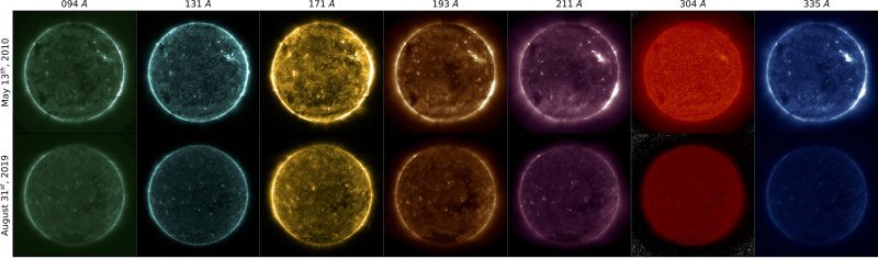 На этом изображении показаны семь длин волн ультрафиолетового излучения, наблюдаемых Ассамблеей атмосферных изображений на борту обсерватории солнечной динамики НАСА. Верхний ряд - это наблюдения, сделанные в мае 2010 года, а нижний ряд показывает наблюдения за 2019 год без каких-либо поправок, показывая, как прибор деградировал с течением времени. Предоставлено: Луис Дос Сантос / НАСА GSFC.