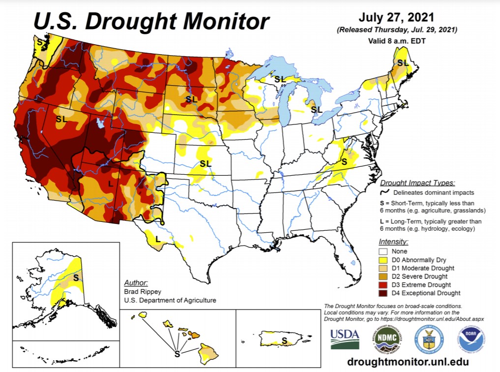 засуха в США, карта засухи в США, состояние засухи в США, состояние засухи в США