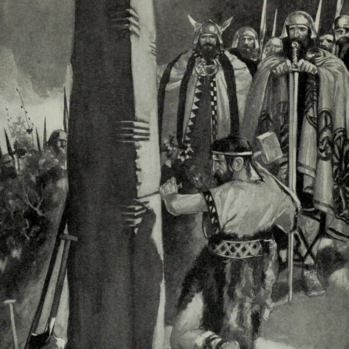 Вырезание букв огама на каменном столбе - иллюстрация Стивена Рида (1873-1948), в: Мифы и легенды кельтской расы TW Rolleston (1857-1920), опубликовано в 1911 году, стр. 288