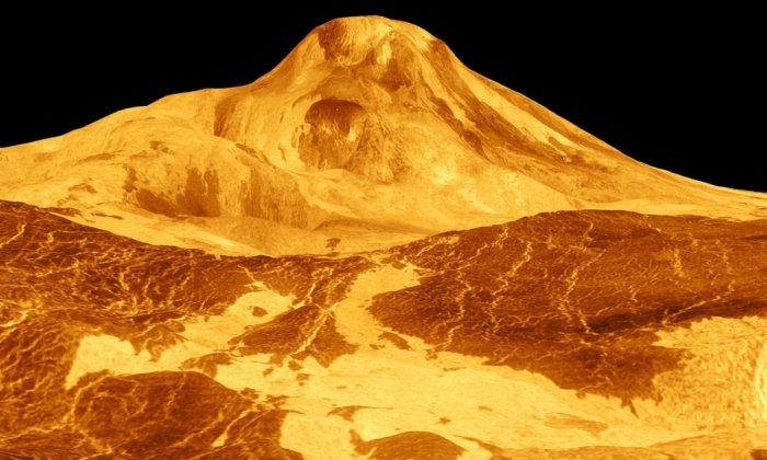 Маат Монс, большой вулкан на Венере, показан на этом радарном изображении с имитацией цвета, полученном в 1991 году с космического корабля НАСА Magellan. НАСА / Лаборатория реактивного движения 