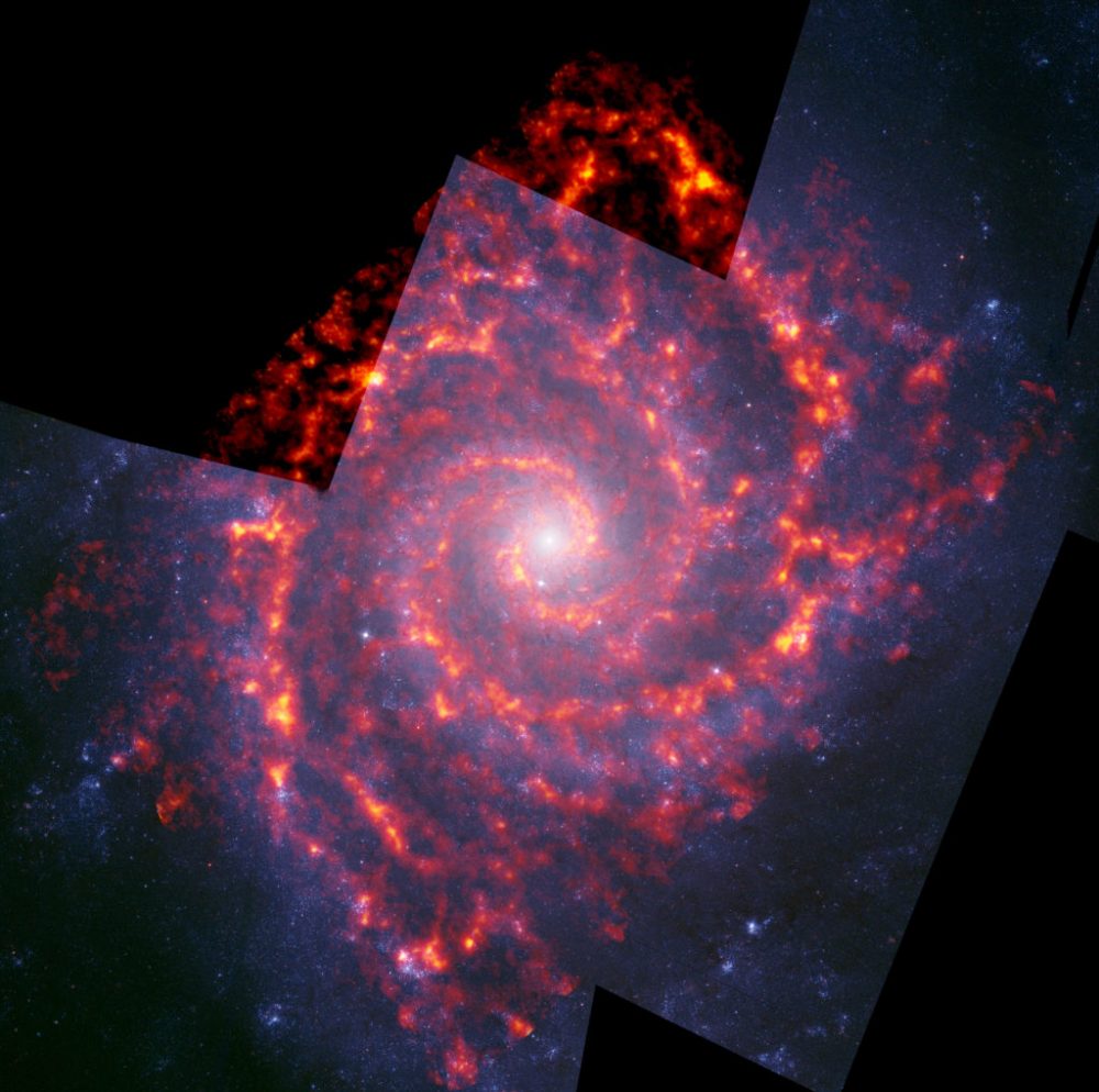 Составное изображение NGC 628 (Мессье 74) от ALMA (оранжевый) и телескопа Хаббла (синий). Предоставлено: NRAO / AUI / NSF, Б. Сакстон: ALMA (ESO / NAOJ / NRAO); НАСА / Хаббл