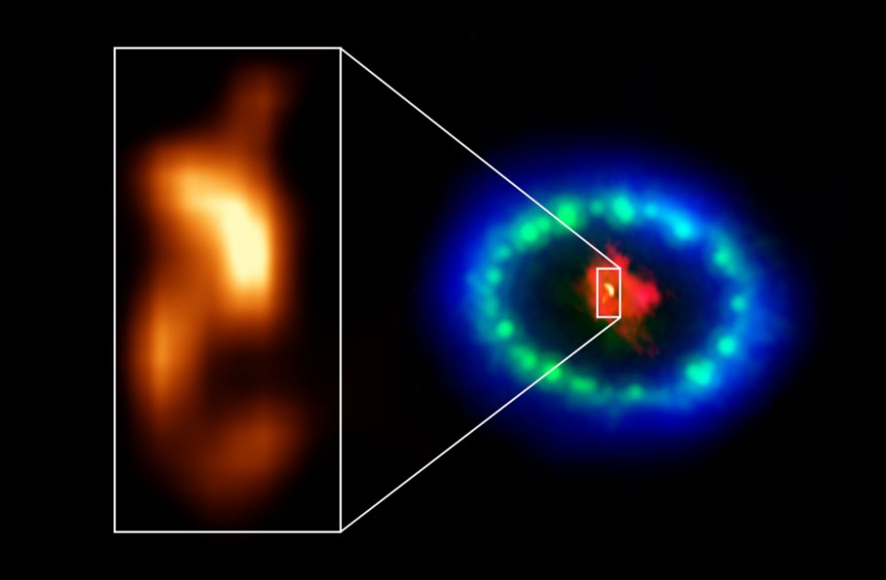 Ядро сверхновой 1987A получено на радиоволнах с помощью ALMA. Авторы и права: ALMA (ESO / NAOJ / NRAO), П. Циган и Р. Индебетоу; NRAO / AUI / NSF, Б. Сакстон; НАСА / ЕКА
