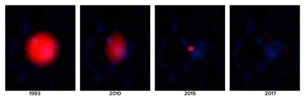 Радиоизображения ПЕРВОГО гамма-всплеска J1419 + 3940 на протяжении многих лет. Фото: Б. Сакстон NRAO / AUI / NSF STScI, ROE, AAO, CalTech, Национальное географическое общество