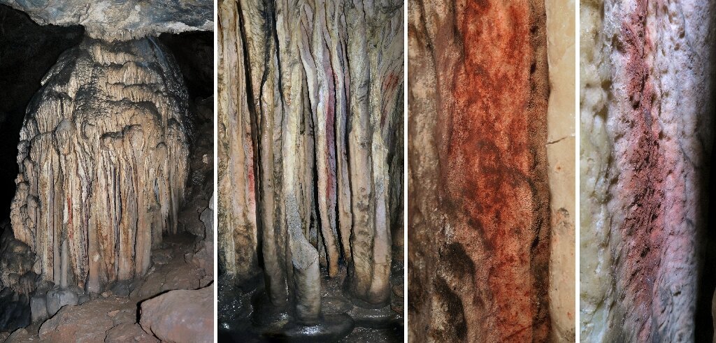 Эта комбинация изображений, полученных 29 июля 2021 года, показывает общий вид и крупный план частично окрашенной сталагмитовой башни в испанской пещере Ардалес на юге Испании.