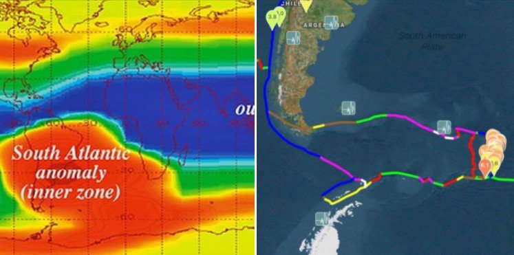 серия землетрясений у Южного Сандвичевого острова происходит там, где расположена Южно-Атлантическая аномалия (ЮАА).
