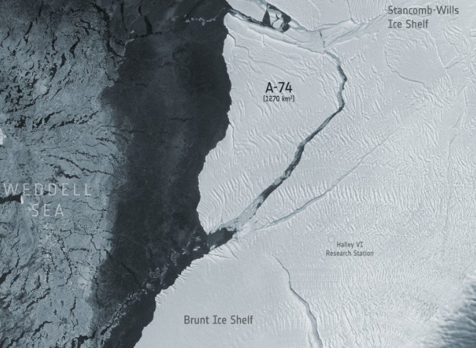 Айсберг А-74 при столкновении с шельфовым ледником Бранта