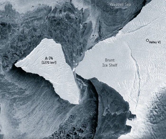 Айсберг А-74 при столкновении с шельфовым ледником Бранта