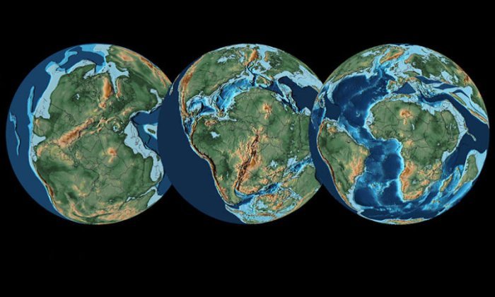 В мезозое фрагментация Пангеи способствовала долгосрочным климатическим тенденциям, таким как более слабая сезонность и более высокие глобальные средние температуры. Показаны палеогеографические реконструкции (слева направо) 250 миллионов, 150 миллионов и 70 миллионов лет назад. Предоставлено: Ян Ландверс; данные предоставлены Кристофером Скотезом