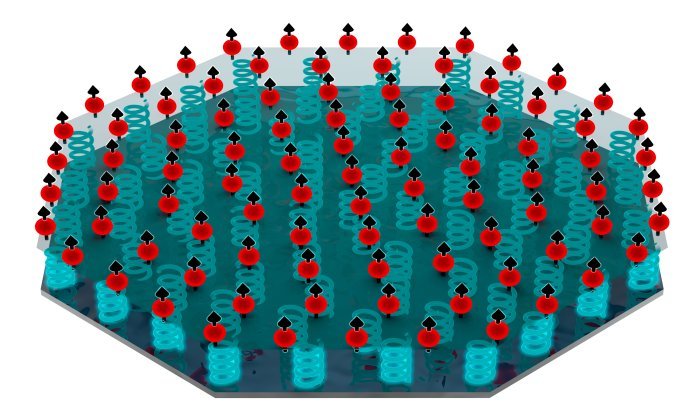 Иллюстрация квантового датчика NIST, состоящего из захваченных ионов бериллия (красные точки), самоорганизующихся в двумерный кристалл. Предоставлено: С. Берроуз / ДЖИЛА.