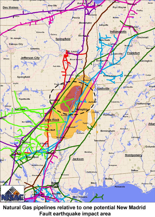 Карта трубопроводов США, проходящих через Ново-Мадридскую сейсмическую зону