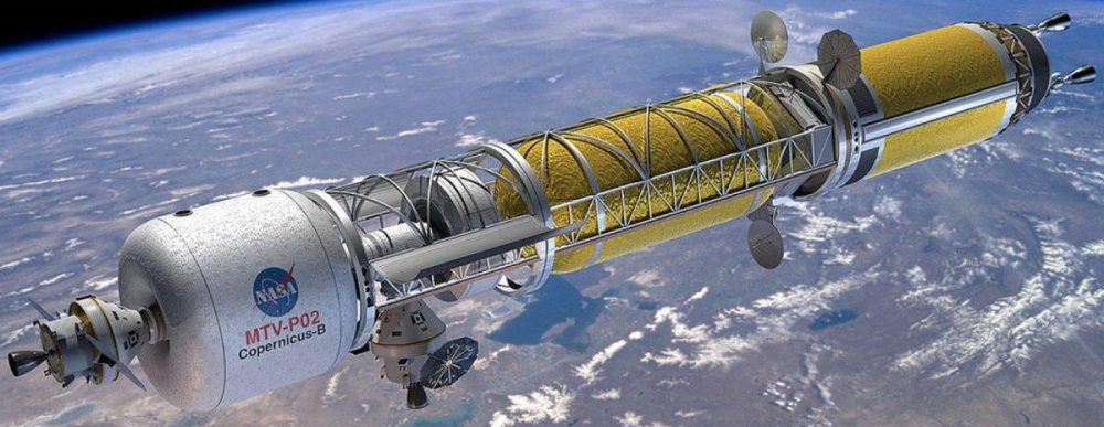 Концепция пилотируемого космического корабля с двумя ядерными двигателями для полета на Марс из ныне несуществующей программы NASA Constellation. Предоставлено: НАСА.