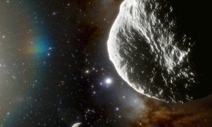 Рендеринг этого художника показывает астероид (вверху) и планету Меркурий (внизу). Кредит: CTIO / NOIRLab / NSF / AURA / J. да Силва