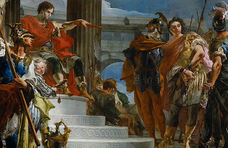 На этой картине Тьеполо показан Сципион Африканский, освобождающий племянника принца Нумидии после того, как тот был схвачен римскими солдатами. Художественный музей Уолтерса.