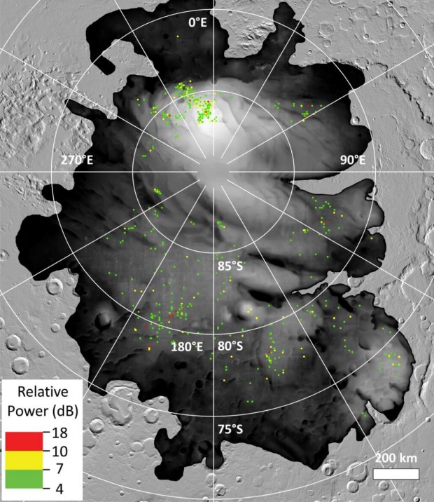 Распределение областей на южном полюсе Марса, где данные радаров указывают на возможное присутствие воды. Предоставлено: ESA / NASA / JPL-Caltech.