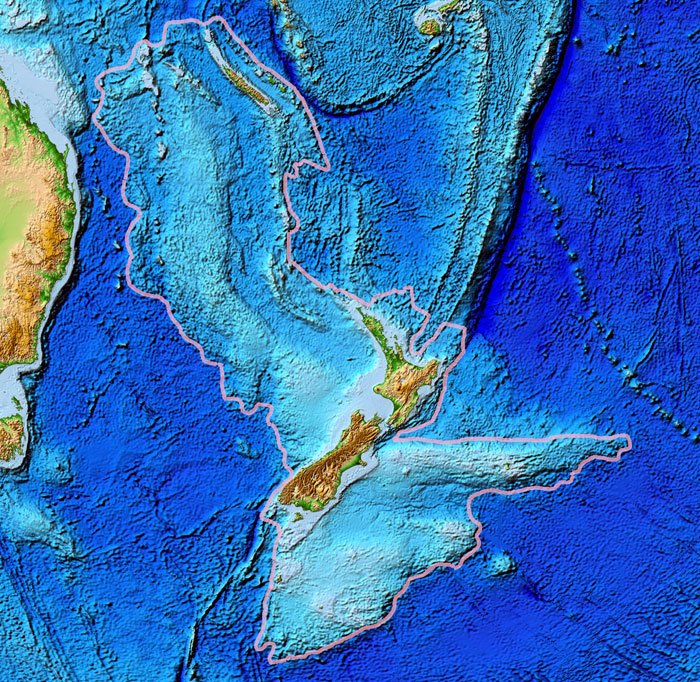 Границы Зеландии. Предоставлено: Всемирный центр данных по геофизике и морской геологии, Национальный центр геофизических данных, NOAA / Wikimedia Commons.