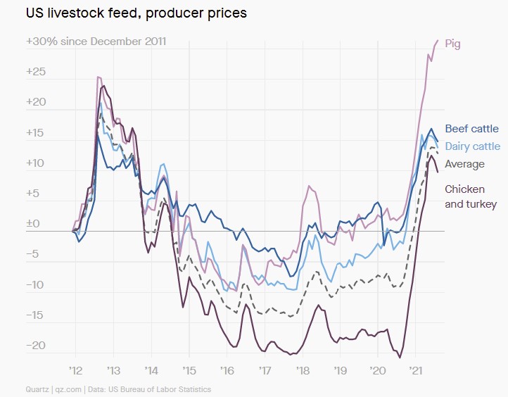 Цены на корма и продукцию для домашнего скота в США, рост цен на корма и продукцию для домашнего скота в США, цены на корма и продукцию для домашнего скота в США в 2021 году
