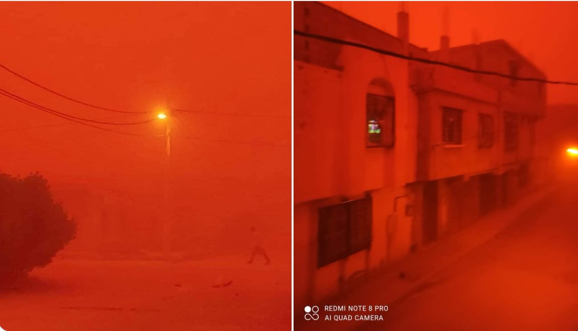 Ужасающая пыльная буря превращает день в ночь и окрашивает небо в Алжире в кроваво-красный цвет на видео и фотографиях