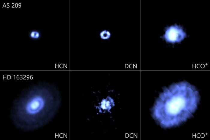 Изображения протопланетных дисков вокруг молодых звезд AS 209 и HD 163296 с помощью ALMA. Различные молекулы имеют разное распределение. Авторы и права: ALMA (ESO / NAOJ / NRAO), Катальди и др. / Айкава и др.