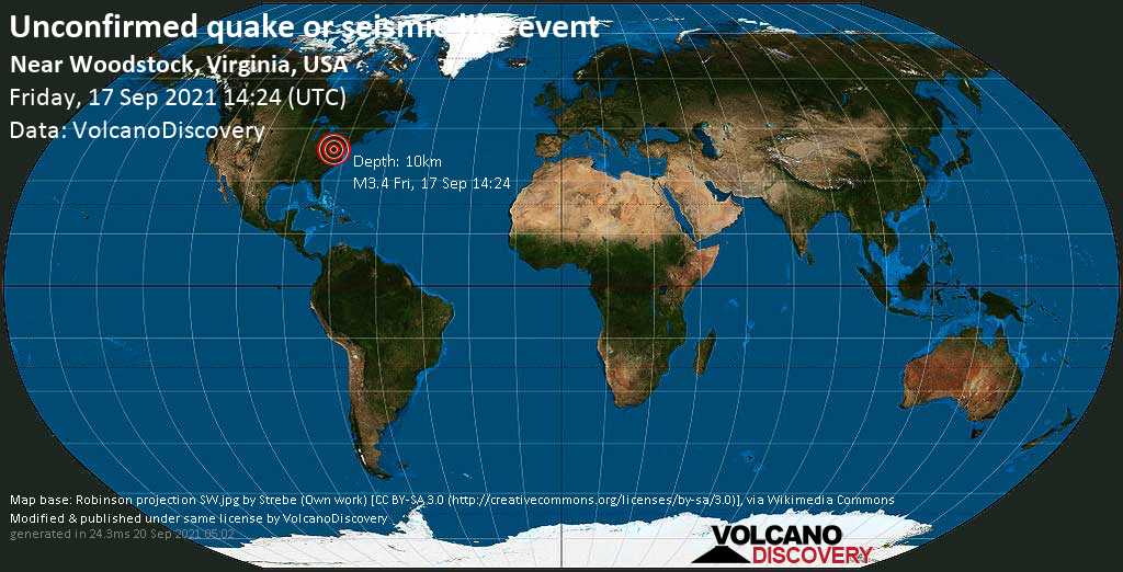 Неподтвержденное землетрясение или сейсмическое событие: округ Шенандоа, в 23 милях к северо-востоку от Харрисонберга, Вирджиния, США, 17 сентября 2021 г., 10:24 (GMT -4)