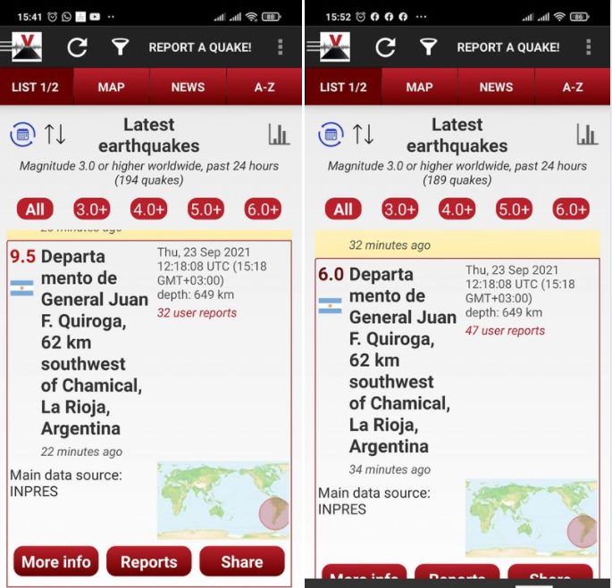 Землетрясение с M9.5 понижено до M6.0 в Аргентине 23 сентября 2021 г.