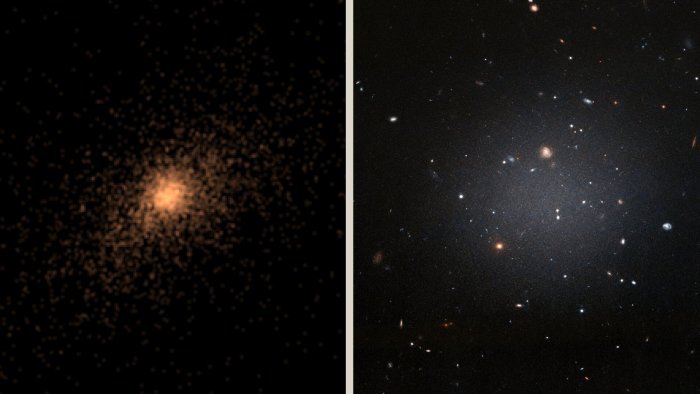 Слева одна из ультрадиффузных галактик, проанализированных в ходе моделирования. Справа почти прозрачное изображение галактики DF2. Предоставлено: ЕКА / Хаббл.