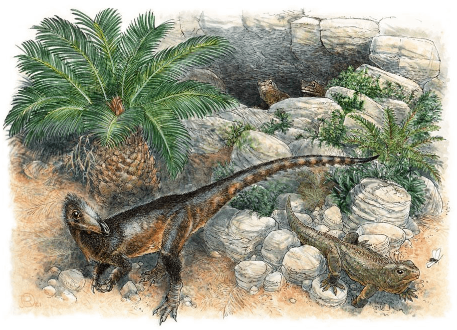 Художественная реконструкция милнер Пендрэга и трех клевозавров Clevosaurus cambrica. Предоставлено: Джеймс Роббинс / Спикман и др. / Королевское общество «Открытая наука», 2021 г.