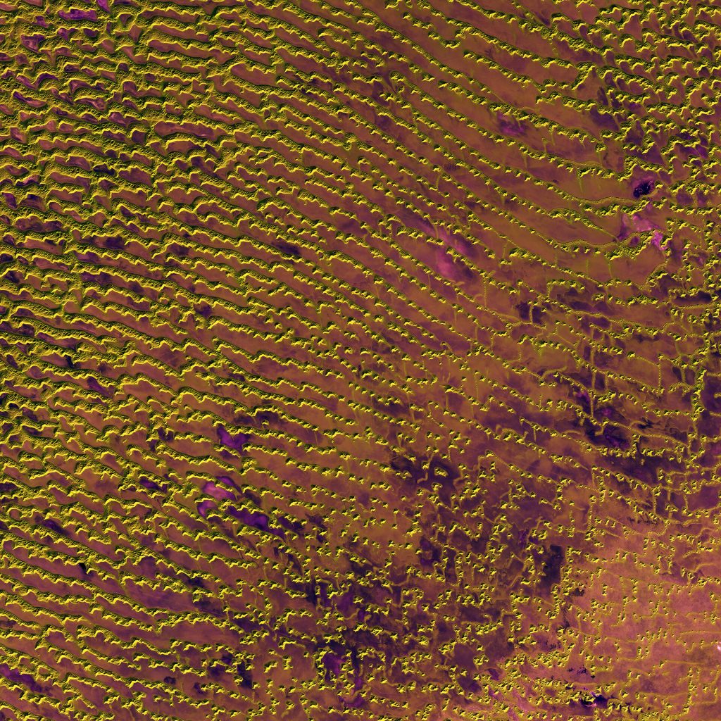 На этом изображении, сделанном со спутника Sentinel-2A, показаны подвижные песчаные дюны в обширной пустыне Руб-эль-Хали на юге Аравийского полуострова.