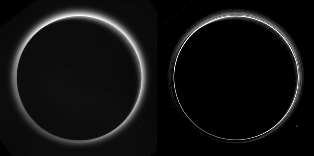 Практически необработанная (слева) и обработанная (справа) фотография свечения атмосферы Плутона. Предоставлено НАСА / Лаборатория прикладной физики Университета Джона Хопкинса / Юго-западный исследовательский институт.