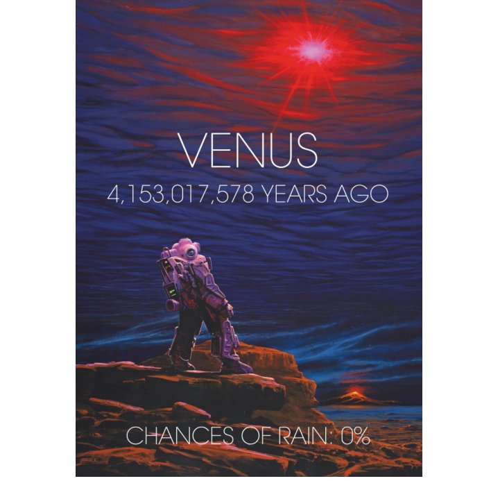 Взгляд художника на поверхность и атмосферу ранней Венеры более 4 миллиардов лет назад. На переднем плане таинственный исследователь, удивленный, увидев полностью испарившиеся в небе океаны. © Маньчжурский