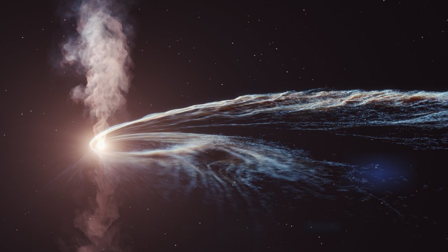 Художественная иллюстрация приливного разрушения AT2019dsg, где сверхмассивная черная дыра спагетифицируется и поглощает звезду. Часть материала не поглощается черной дырой и выбрасывается обратно в космос. Предоставлено: DESY, Лаборатория научных коммуникаций.