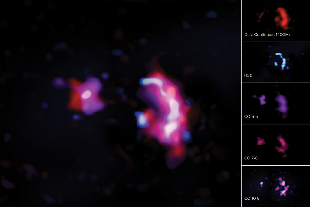 На этой серии изображений показаны молекулярные линии и пылевой континуум, снятые во время наблюдений с помощью телескопа ALMA. Слева вы видите составное изображение, объединяющее все четыре справа, которое включает отдельные наблюдения континуума пыли, H2O, окиси углерода и т. Д. Предоставлено: АЛМА (ESO / NAOJ / NRAO) / S. Дагнелло (НРАО)