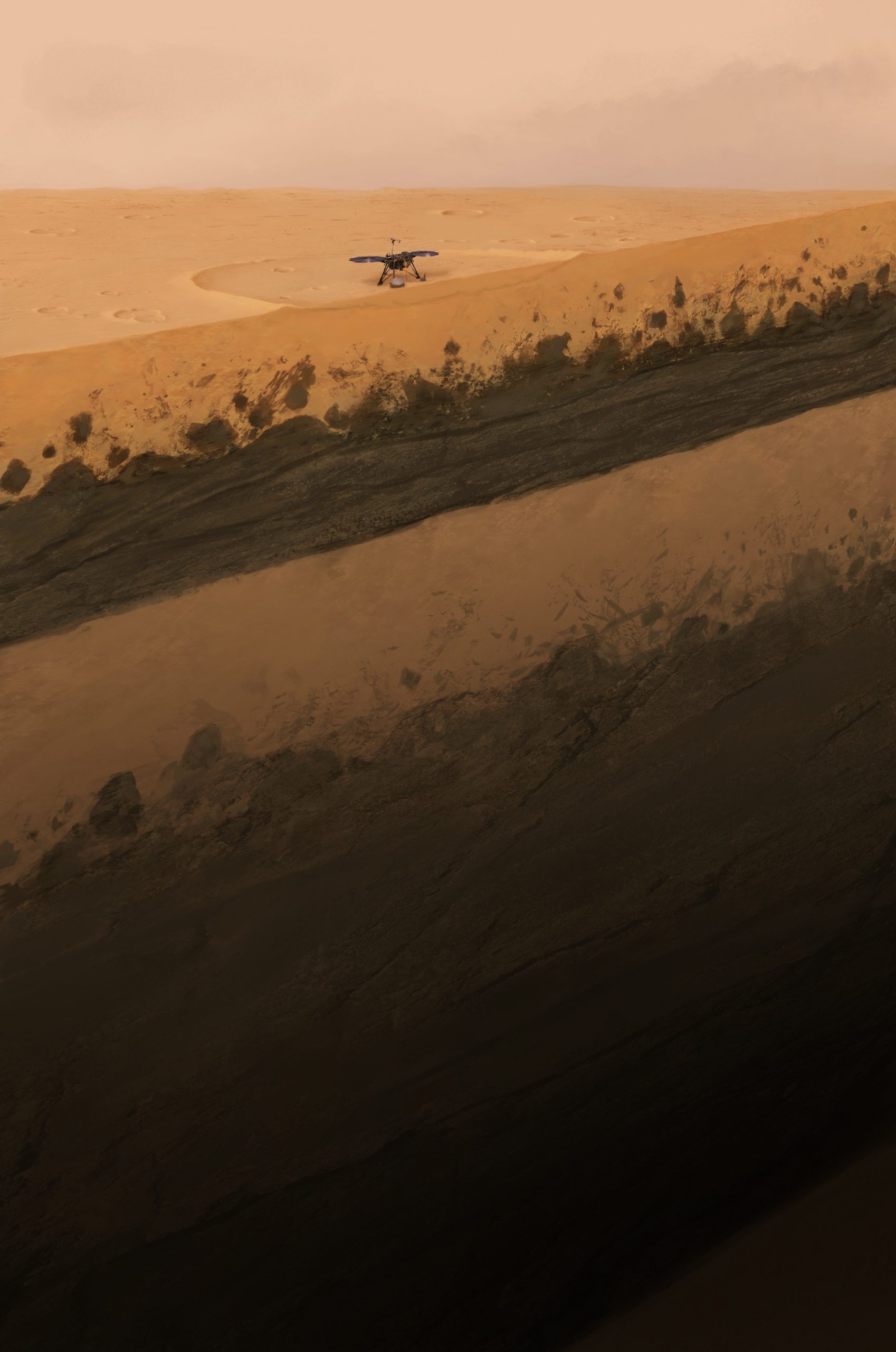 Впечатление художника о подповерхностных слоях Марса под посадочным модулем InSight. Предоставлено: ETH Zurich / Géraldine Zenhäusern.