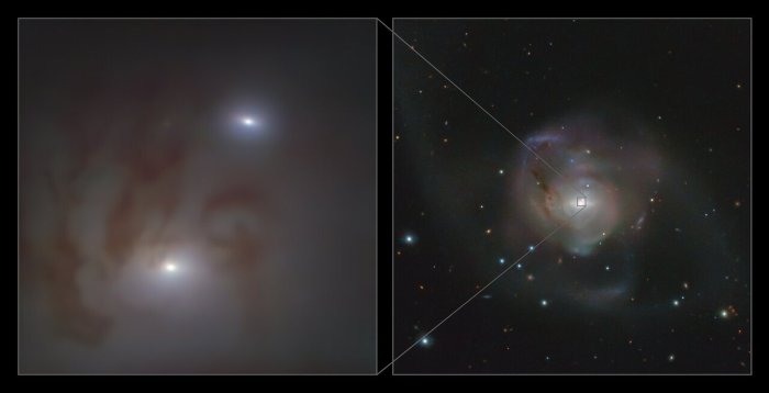 На этом изображении крупным планом (слева) и широко (справа) показаны два ярких ядра галактики, каждое из которых содержит сверхмассивную черную дыру, в NGC 7727, галактике, расположенной в 89 миллионах световых лет от Земли в созвездии Водолея. Каждое ядро ​​состоит из плотной группы звезд со сверхмассивной черной дырой в центре. Две черные дыры находятся на пути столкновения и образуют ближайшую пару сверхмассивных черных дыр, обнаруженных на сегодняшний день. Это также пара с наименьшим расстоянием между двумя сверхмассивными черными дырами, обнаруженными на сегодняшний день - по наблюдениям, расстояние между ними в небе составляет всего 1600 световых лет. Изображение слева было получено с помощью инструмента MUSE на Очень большом телескопе ESO (VLT) в обсерватории Паранал в Чили, а изображение справа было получено с помощью обзорного телескопа ESO VLT Survey Telescope. Предоставлено: ESO / Voggel et al .; Команда ESO / VST ATLAS. Благодарность: Даремский университет / CASU / WFAU