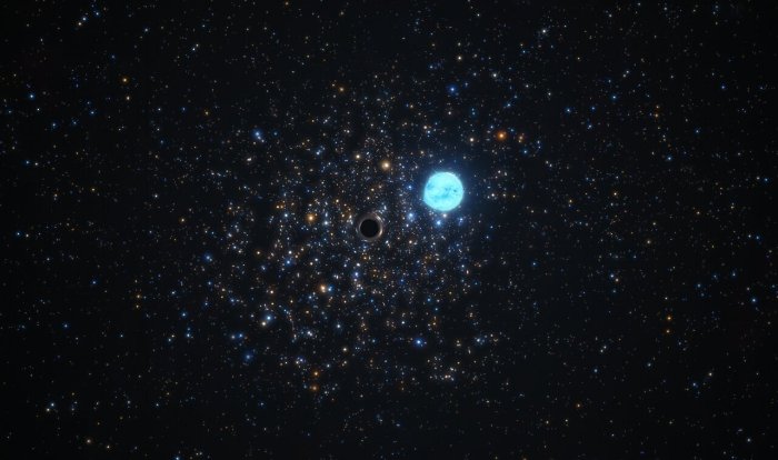 На слепке этого художника изображена компактная черная дыра, в 11 раз массивнее Солнца и вращающаяся вокруг него звезда массой в пять солнечных. Эти два объекта расположены в NGC 1850, скоплении из тысяч звезд примерно в 160 000 световых лет от нас в Большом Магеллановом Облаке, соседнем по Млечному Пути. Искажение формы звезды происходит из-за сильной гравитационной силы, создаваемой черной дырой. Гравитационная сила черной дыры не только искажает форму звезды, но также влияет на ее орбиту. Изучая эти тонкие орбитальные эффекты, группа астрономов смогла сделать вывод о наличии черной дыры, сделав ее первой маленькой черной дырой за пределами нашей галактики, обнаруженной таким образом. Для этого открытия команда использовала инструмент Multi Unit Spectroscopic Explorer (MUSE) на Очень большом телескопе ESO в Чили. Предоставлено: ESO / M. Корнмессер