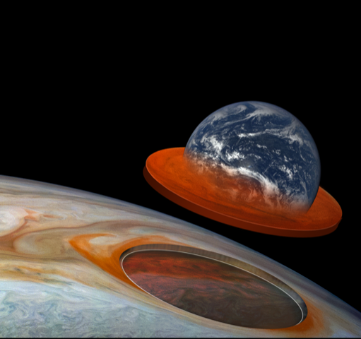 Земля по сравнению с Большим красным пятном Юпитера. Предоставлено: JunoCam. Данные изображения: NASA / JPL-Caltech / SwRI / MSSS; Обработка изображений JunoCam Кевина М. Гилла (CC BY); Изображение Земли: НАСА