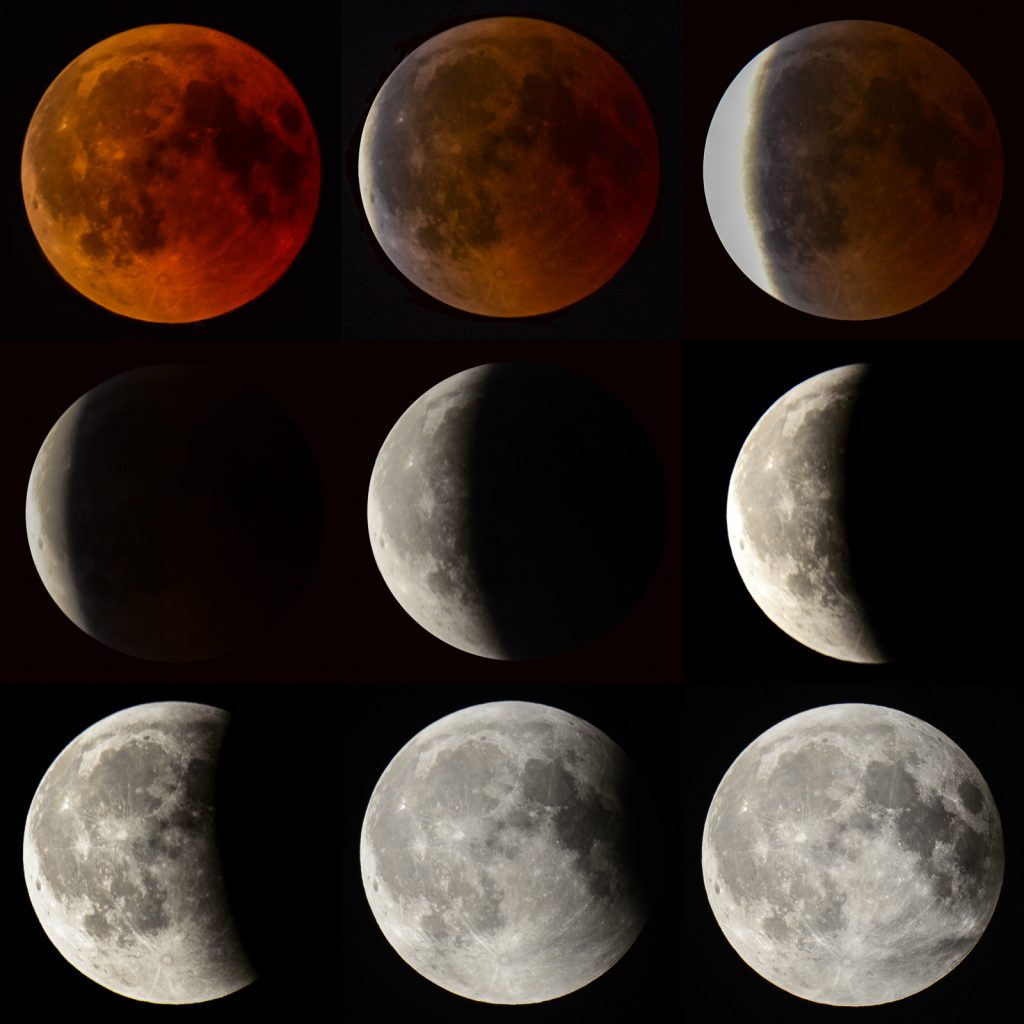 Этапы полного лунного затмения. Предоставлено: Юрген Мангельсдорф / Flickr.
