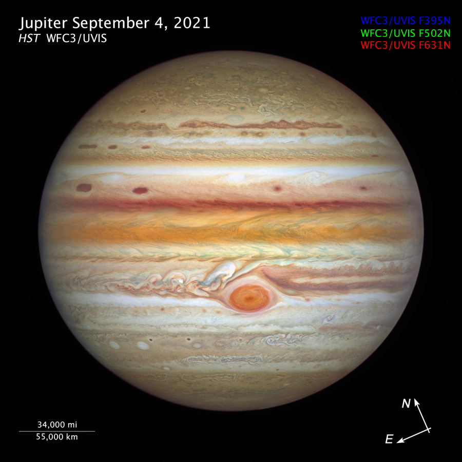 Изображение Юпитера, сделанное телескопом Хабблом 4 сентября 2021 г. Фото: Эми Саймон / NASA-GSFC, Майкл Х. Вонг / Калифорнийский университет в Беркли