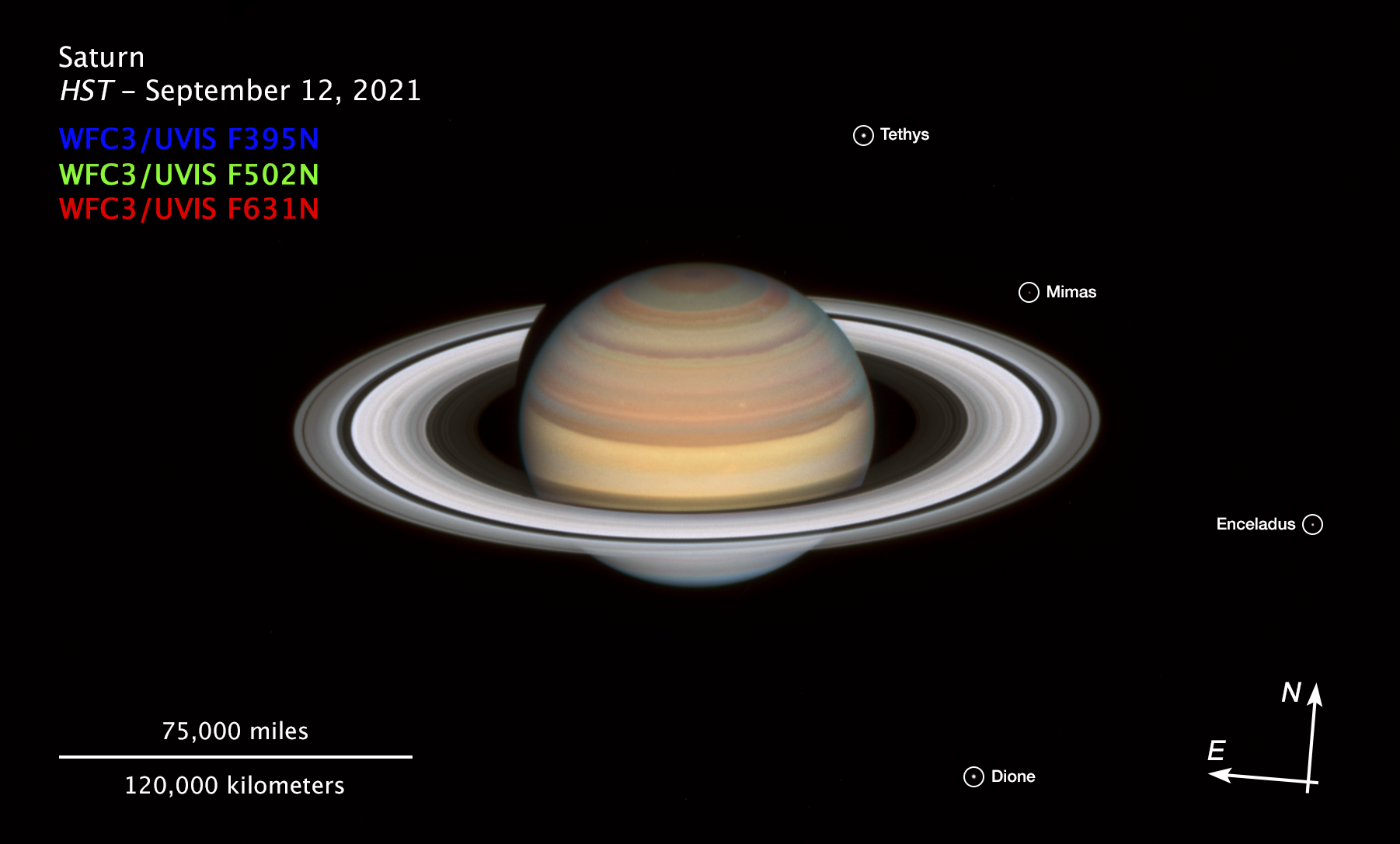 Снимок Сатурна Хабблом, сделанный 12 сентября 2021 г. Фото: Эми Саймон / NASA-GSFC, Майкл Х. Вонг / Калифорнийский университет в Беркли, Алиса Паган / STScl