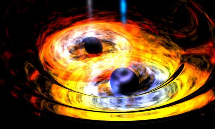Две черные дыры сливаются в одну. Предоставлено: НАСА.