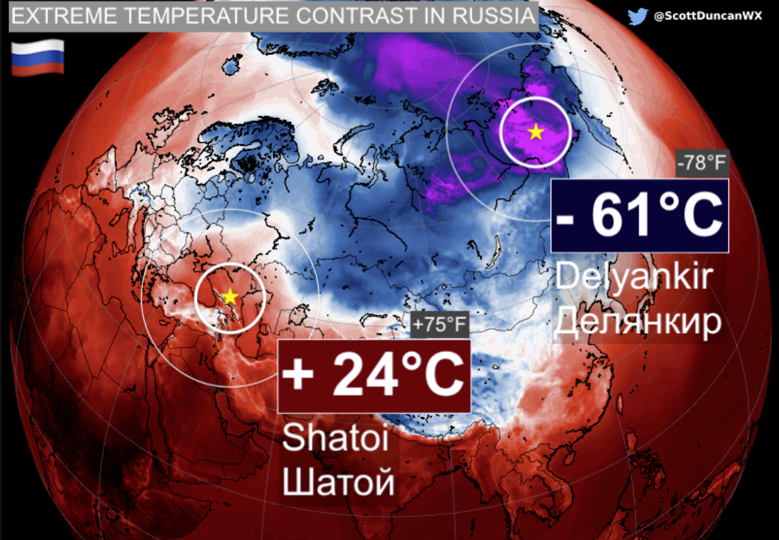 85 ° C (153 ° F): второй по величине контраст температур, КОГДА-либо измерявшийся в РОССИИ 8 декабря 2021 года.