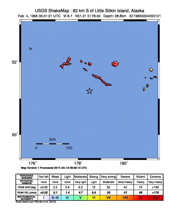 Карта землетрясения 1965 года на Крысиных островах Геологическая служба США