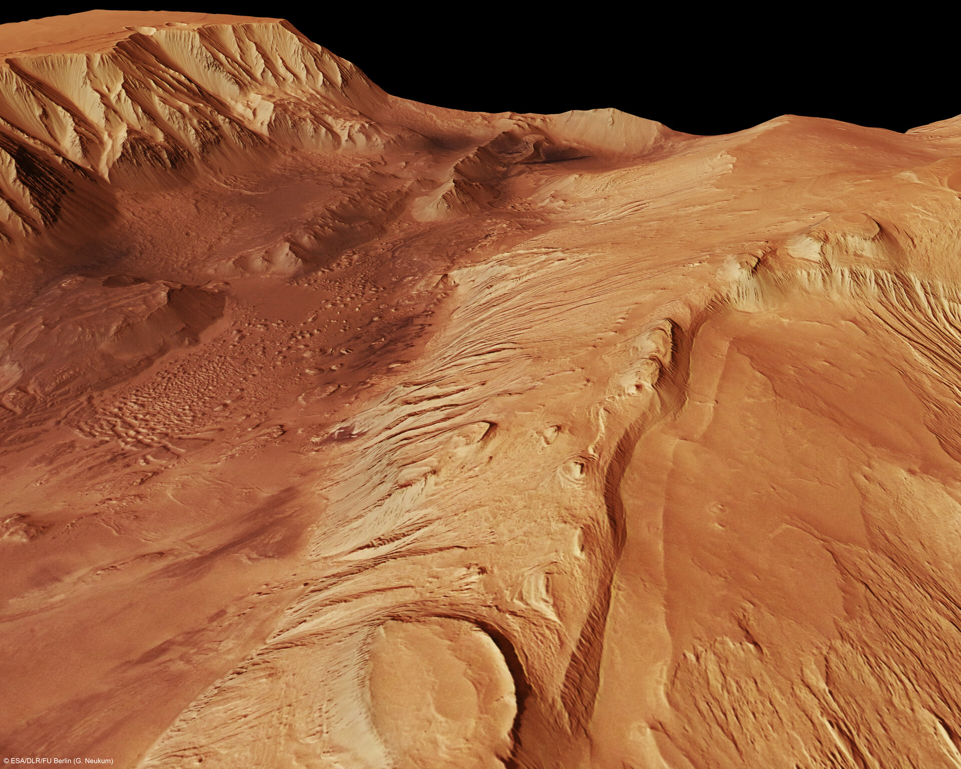 Перспективный снимок каньона Valles Marineris, сделанный европейской миссией "Марс Экспресс". Предоставлено: ESA / DLR / FU Berlin (Г. Нойкум), CC BY-SA 3.0 IGO.