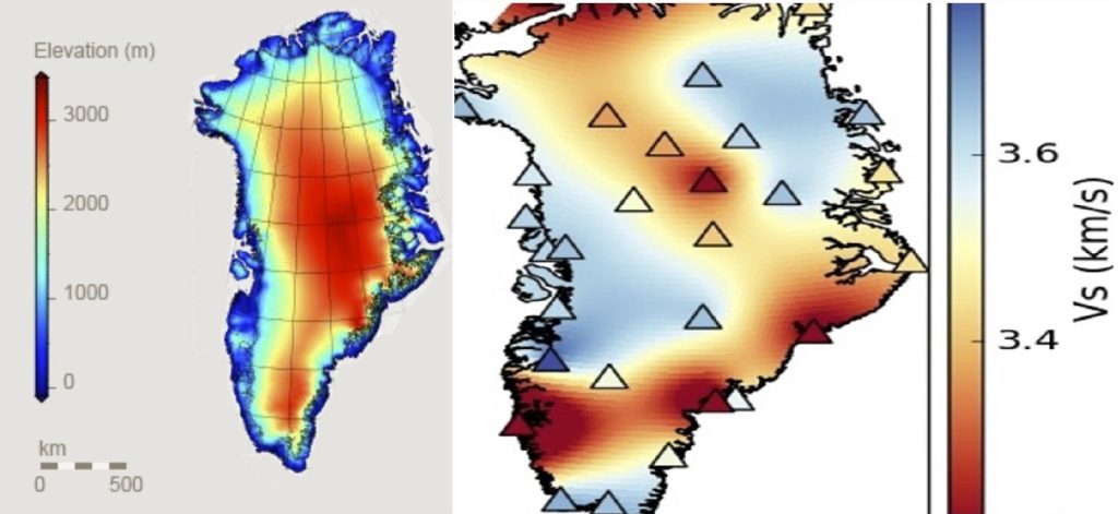 более низкая скорость подземных сейсмических волн связана с более горячими областями. a) скорость волны Рэлея на глубине 4 км подо льдом, измеренная на разных сейсмических станциях; красный медленнее.