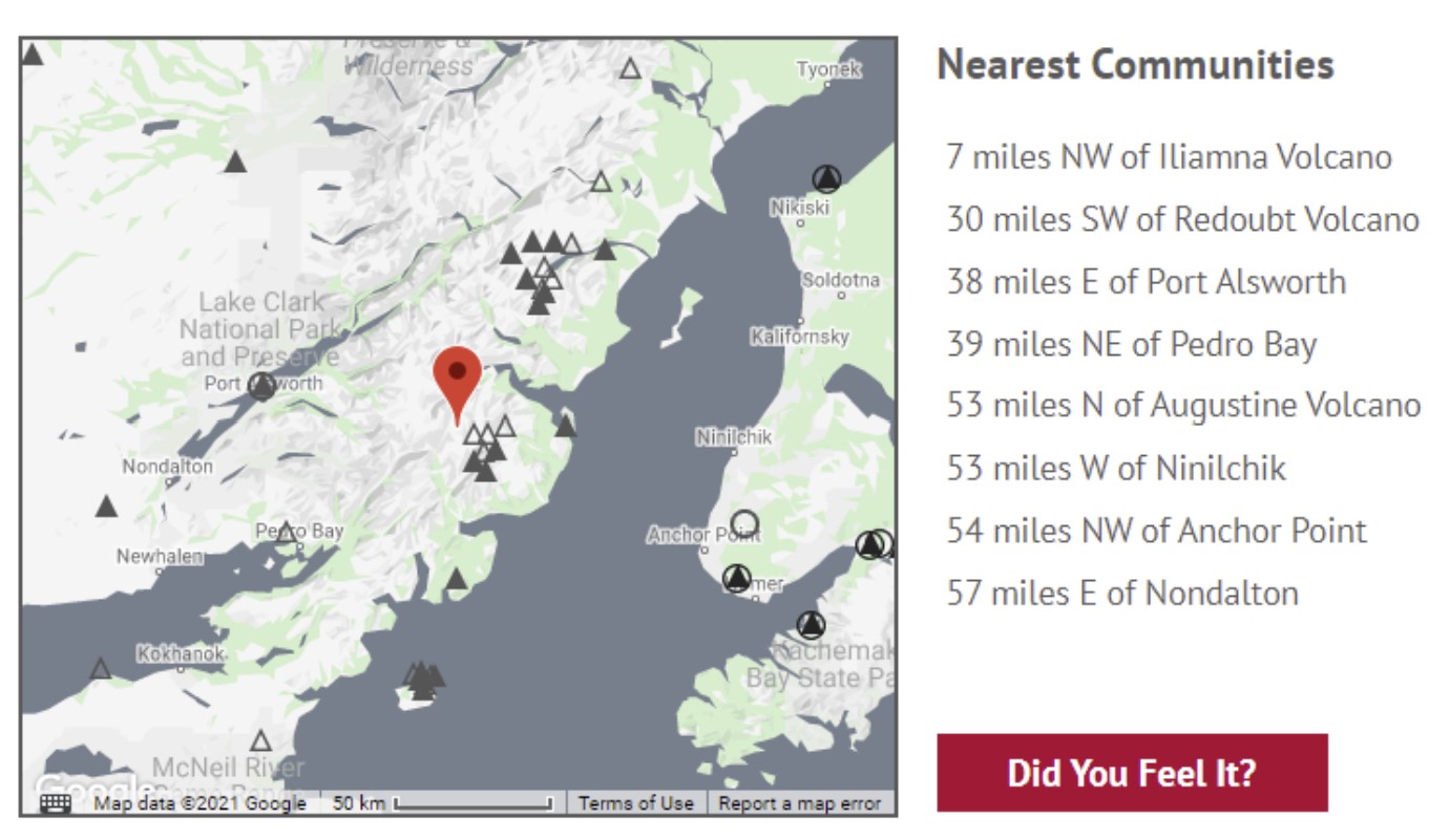 Землетрясение M6.0 обрушилось на вулкан Илиамна недалеко от Анкориджа, Аляска, всего через 2 дня после землетрясения M6.2 в Калифорнии