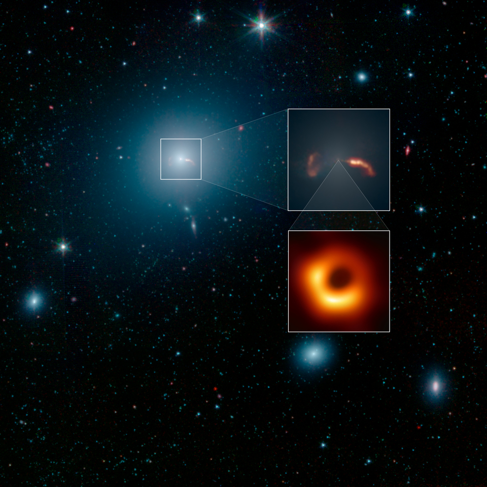 Инфракрасное изображение M87 с крупным планом центральной области и EHT-изображение тени от ее черной дыры. Предоставлено: НАСА / Лаборатория реактивного движения-Калтех / IPAC.